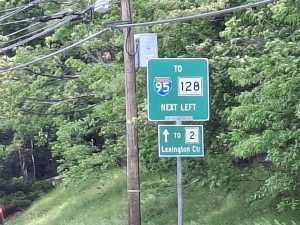 Route Sign for Routes I 95, Rte 128 & Route 2 in North Waltham, MA