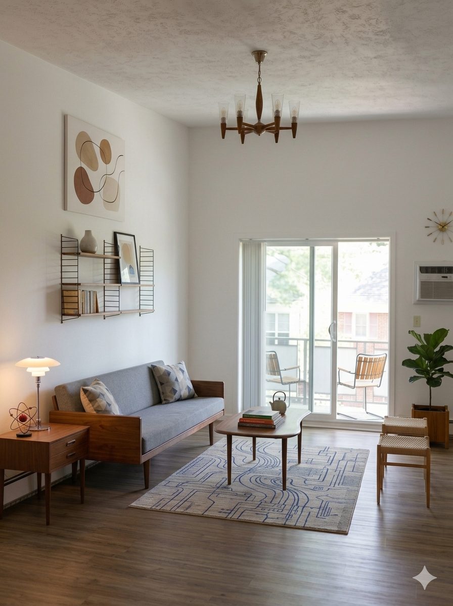 Bright living room with sliding glass doors to private balcony in 1-bedroom apartment at 1000 Lexington Street, North Waltham MA 02452