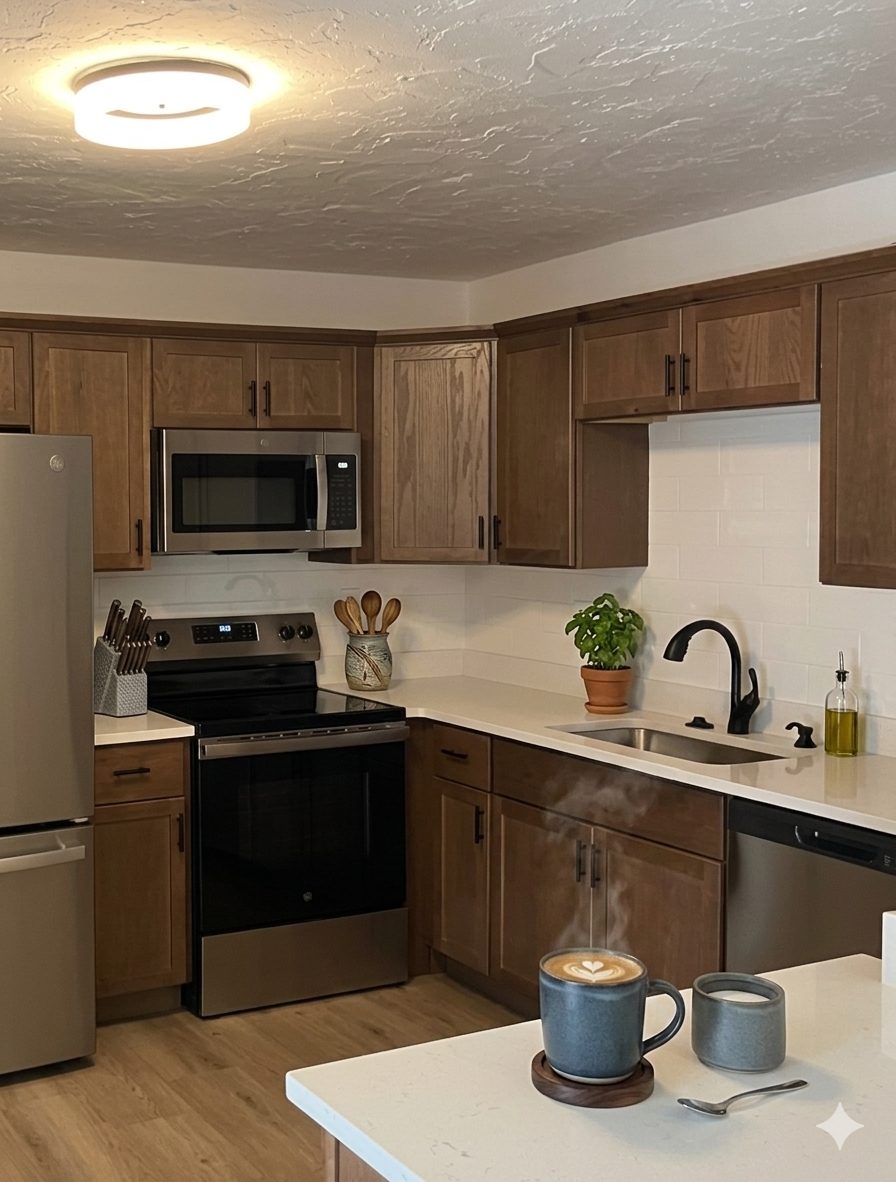 Modern kitchen corner with stainless steel refrigerator, quartz countertop, and wood cabinetry in 2-bedroom apartment at 1000 Lexington Street, North Waltham MA 02452