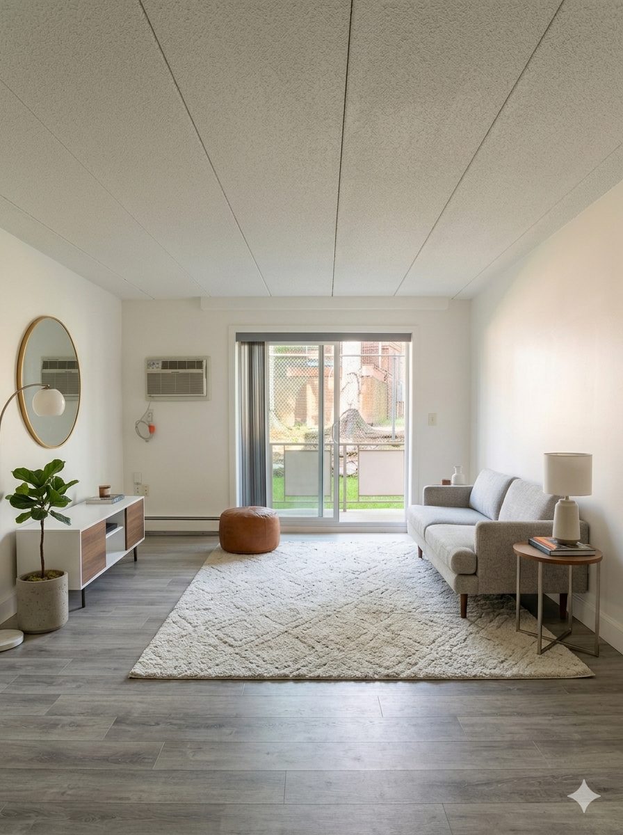 Spacious living room with hardwood floors, ceiling fan, and sliding glass doors to private balcony in 2-bedroom apartment at 1000 Lexington Street, North Waltham MA 02452