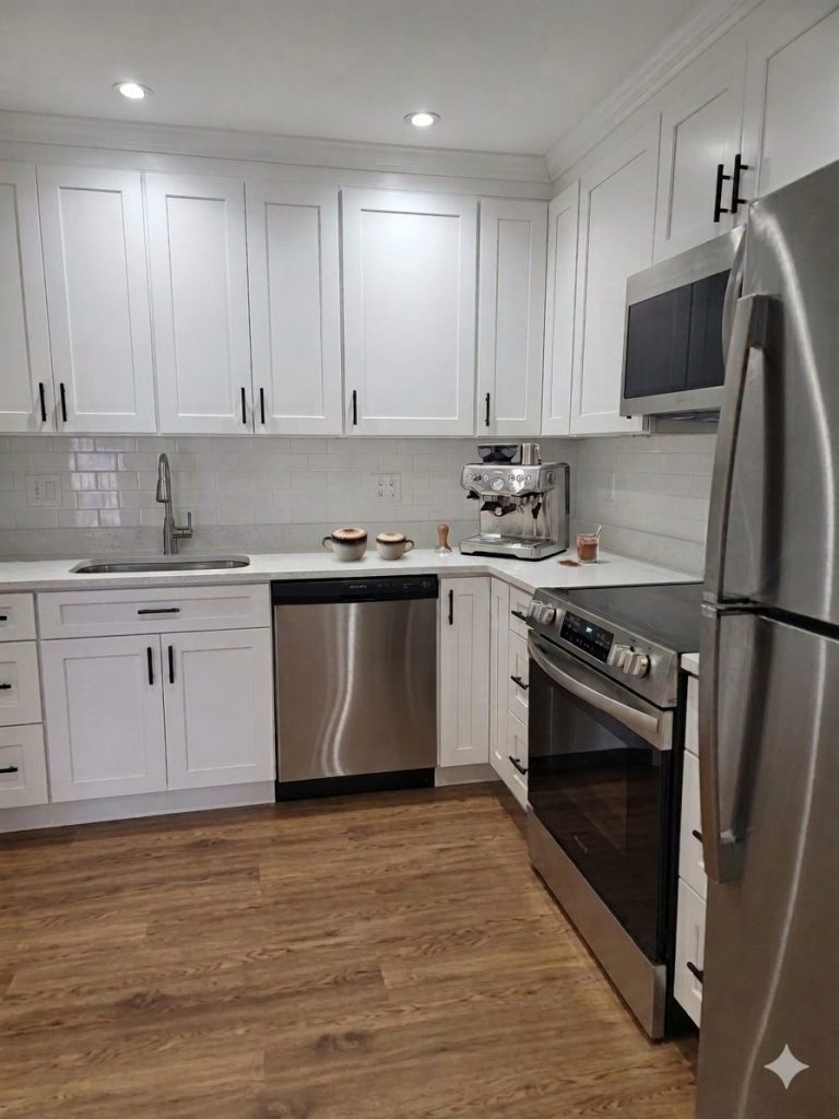 Modern white kitchen with shaker cabinets, stainless steel appliances, dishwasher, and hardwood floors in 2-bedroom apartment at 1000 Lexington Street, North Waltham MA 02452