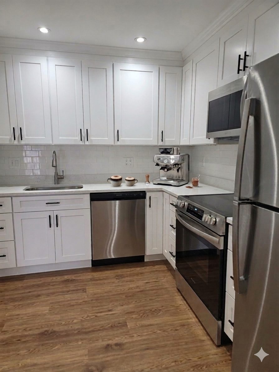 Modern white kitchen with shaker cabinets, stainless steel appliances, dishwasher, and hardwood floors in 2-bedroom apartment at 1000 Lexington Street, North Waltham MA 02452